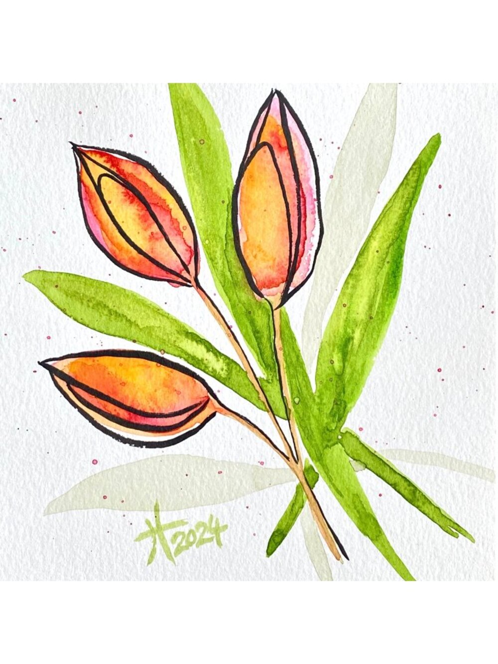 Buds Original Art Floral Watercolor Painting 8x10in Matted Frame Ready